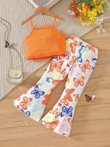 Conjunto de niña con camiseta de tirantes con volantes naranjas y pantalones acampanados, para 4-7 años, ropa casual de verano, esenciales de moda - Naranja Quemada - Ver 2