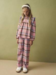 SHEIN Tween Girls Cute Plaid Woven Flare Hem Straight Leg Casual Palazzo Pants, Back To School Festive Delight - Multicolor - View 5