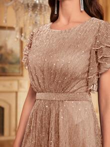 SHEIN Belle Elegante y glamuroso vestido largo de lentejuelas de mujer con cuello redondo, manga corta de volante - Rosa vieja - Ver 6