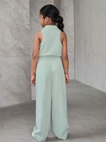 SHEIN Nova Glow 2pcs Tween Girls' Collared Vest And Pants Set - Mint Green - View 7