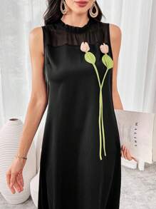 Modelyn Women's Summer 3D Floral Decor Mesh Contrast Sleeveless Elegant Mini Dress Long Evening Dresses - Black - View 6