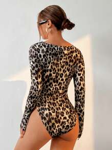 SHEIN EZwear 女士豹纹长袖紧身衣 - 卡其色 - 查看 2