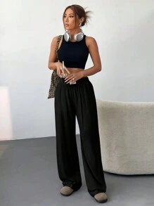 SHEIN EZwear Women's Woven Casual Wide Leg Letter Printed Elastic Waist Palazzo Pants,Ladies Spring/Fall Casual Patched,Pocket Natural Straight Leg Long Black Viscose Loose Women Pants,Casual Daily Wear - Black - View 4
