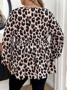 SHEIN CURVE+ Plus Size Elegant Oblique Collar Waist Gathered A-Line Leopard Print Blouse - Multicolor - View 2