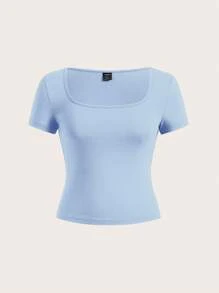 SHEIN EZwear 3 件大码女式黑色、白色和蓝色短袖短款休闲修身 T 恤，适合夏季 - 彩色 - 查看 4