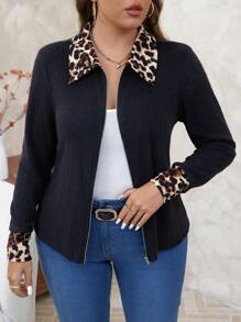 SHEIN Clasi Plus Size Leopard Patchwork Casual Jacket, Autumn/Winter Fall - Black - View 1
