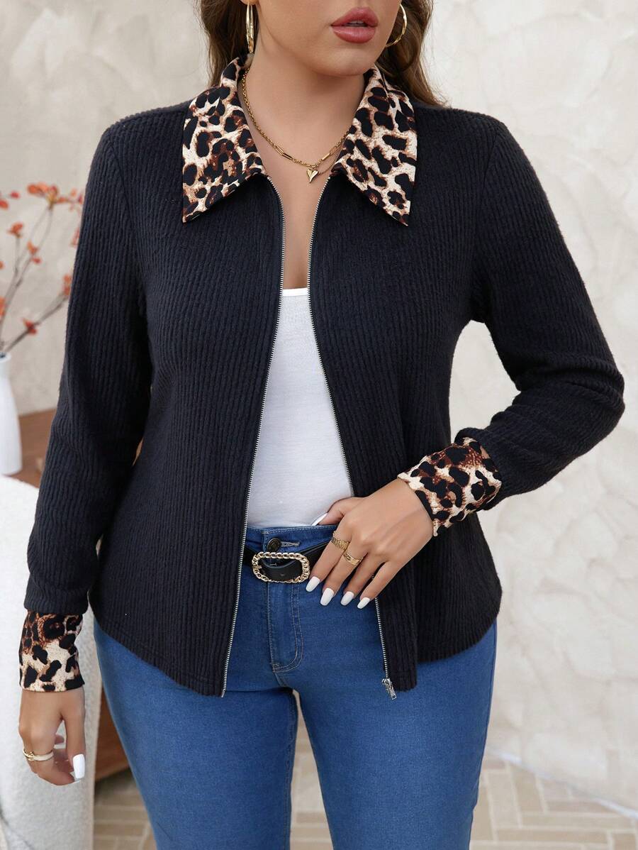 SHEIN Clasi Plus Size Leopard Patchwork Casual Jacket, Autumn/Winter Fall - Black - View 1