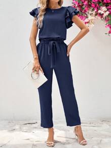 SHEIN Clasi 2pcs Women's Round Neck Ruffle Short Sleeve Shirt & Detachable Belted Pants Set - Navy Blue - View 5