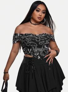 Sonchs Curiosities Blusa ajustada de estilo Y2K para mujer de talla grande con estampado de calabaza, hombro descubierto y bajo asimétrico, apta para verano, vacaciones, salir, festivales, Ibiza