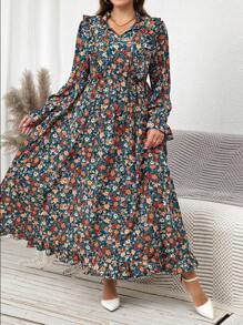 SHEIN Clasi Vestido largo de manga larga con estampado floral diminuto y cintura ceñida, talla grande, para mujeres, atuendo para maestras