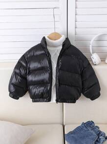 SHEIN 女宝宝可爱百搭保暖纯色羊毛外套，秋冬 - 黑色 - 查看 7