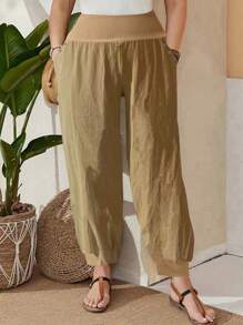 EMERY ROSE 大码女式撞色口袋抽绳宽松休闲裤 - 卡其色 - 查看 1
