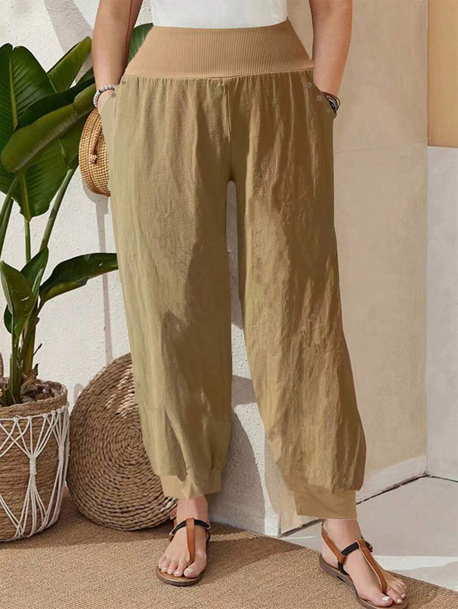 EMERY ROSE 大码女式撞色口袋抽绳宽松休闲裤 - 卡其色 - 查看 1