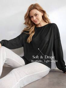 Ocili Leisure Solid Color Round Neck Pullover Long Sleeve Home Clothes Top - Black - View 1