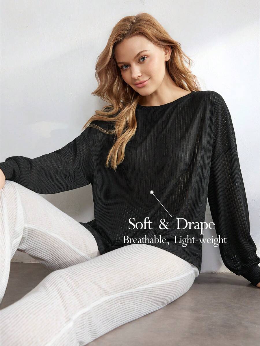 Ocili Leisure Solid Color Round Neck Pullover Long Sleeve Home Clothes Top - Black - View 1