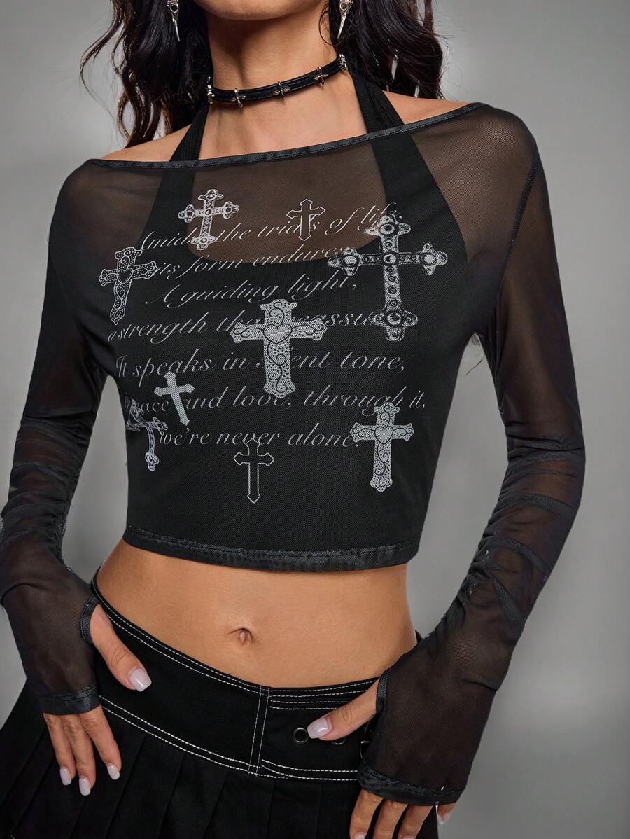 Mystic heart Suéter transparente con estampado de cruz oscuro para mujeres artistas, uso casual diario, color negro, para otoño/invierno, vacaciones, festivales - Negro - Ver 1