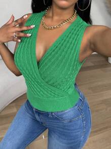 Zolique New V-Neck Twist Rope Cropped Sleeveless Knitted Tank Top For Women, Green - Green - View 1