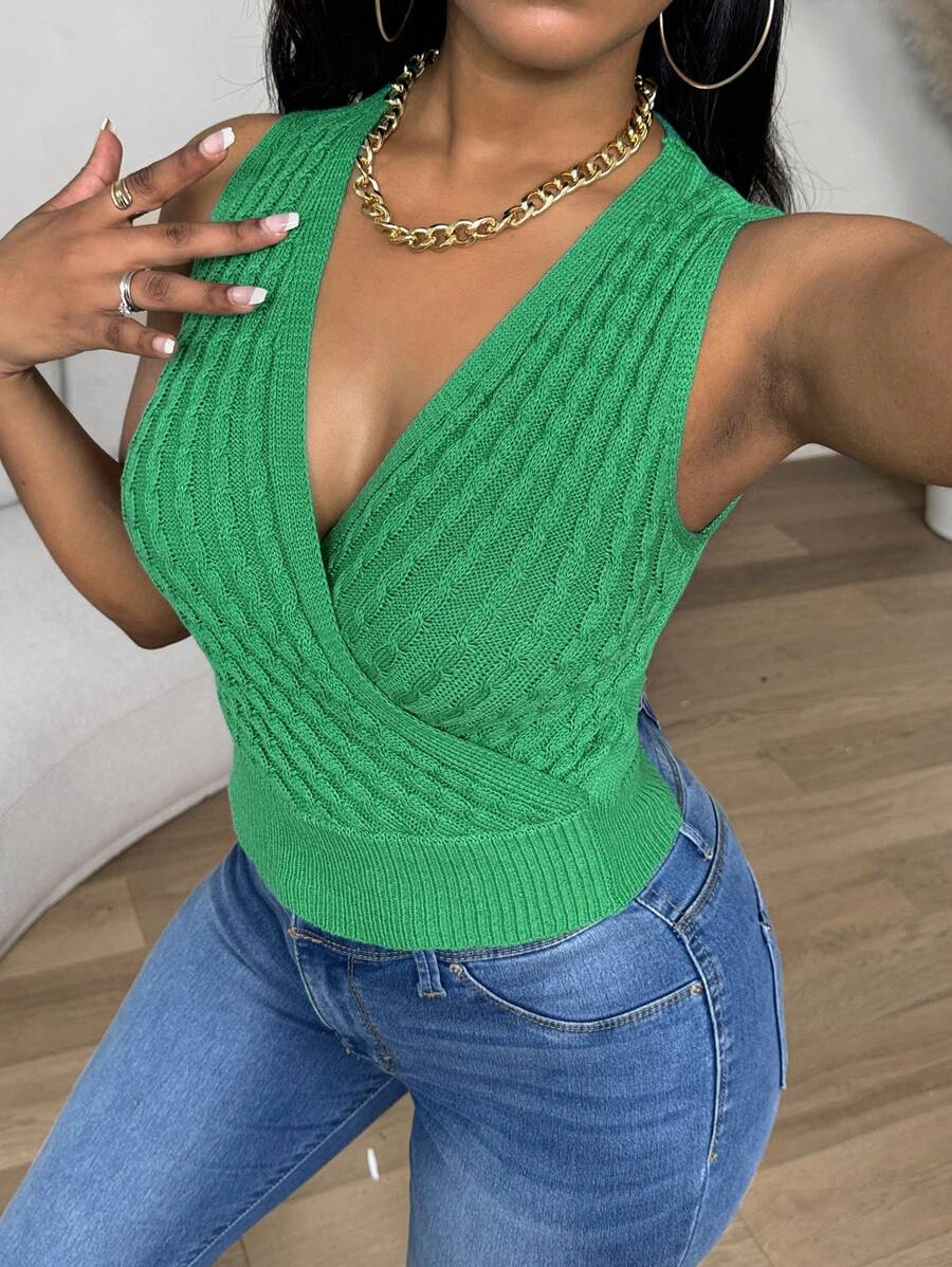 Zolique New V-Neck Twist Rope Cropped Sleeveless Knitted Tank Top For Women, Green - Green - View 1