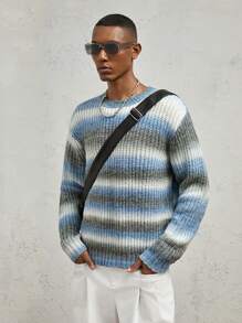 AKNOTIC Business Casual 男士宽松钩针渐变条纹针织毛衣 - 彩色 - 查看 3