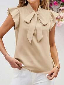 SHEIN Clasi 女式夏季休闲蝴蝶结盖袖黄色衬衫 - 杏色 - 查看 4