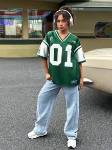 SHEIN Leap Crew Teen Girls' Loose Fit Olive Green Football Jersey Casual Short Sleeve T-Shirt, Back To School - Green - View 3