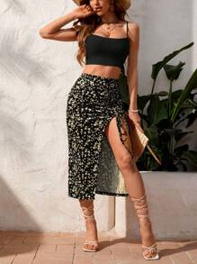 SHEIN VCAY 夏日假日两件套包括纯色细肩带上衣和花卉印花抽绳开衩裙 - 彩色 - 查看 6