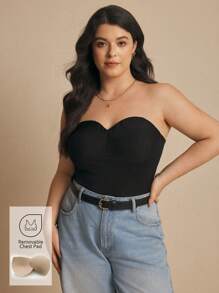 Elaquor 大码女式夏季纯色抹胸修身上衣 - 黑色 - 查看 3