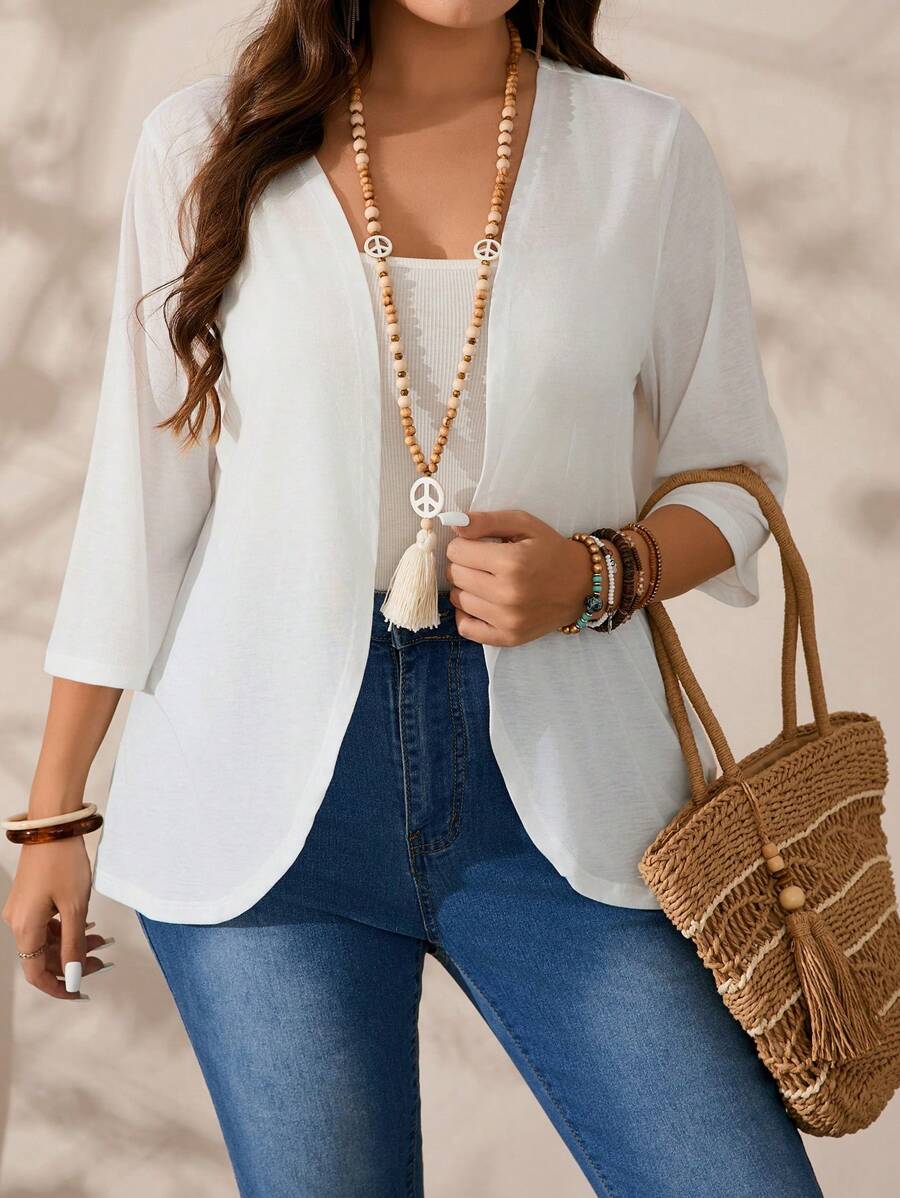 EMERY ROSE Plus Size Vacation Casual Solid Color Teacher Outfits Fall Women Clothes Jacket - White - View 1