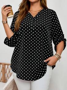 EMERY ROSE Blusa informal de otoño para mujer talla grande con escote entallado, manga enrollada y estampado de lunares