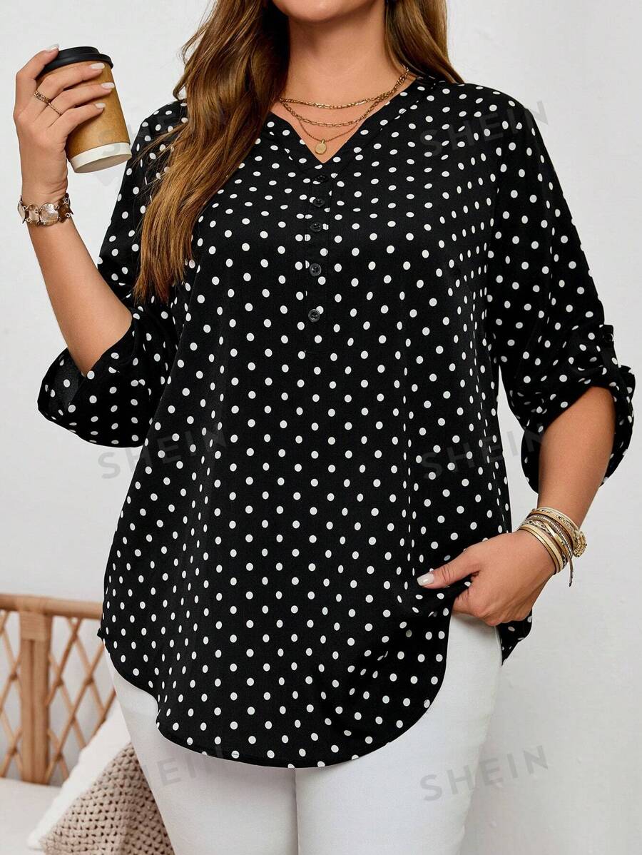 EMERY ROSE Blusa informal de otoño para mujer talla grande con escote entallado, manga enrollada y estampado de lunares