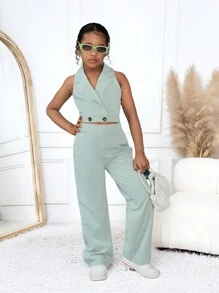 SHEIN Nova Glow 2pcs Tween Girls' Collared Vest And Pants Set - Mint Green - View 3