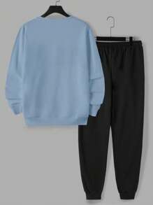 RueChic Men's Letter Printed Sweatshirt With Drawstring Waist Jogger Pants 2pcs/Set - Blue - View 2