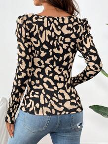 SHEIN Leopard Print Square Neck Fitted Maternity Long Sleeve Blouse, Spring & Summer - Black - View 2