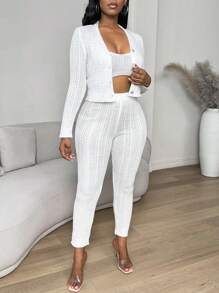 Zolique 3 Cái/bộ Mới Trắng Gợi Cảm Trang Bị Áo Cardigan Áo Tank Top Và Dây Xoắn Quần Nữ Áo Len Dệt Kim Phù Hợp Với - trắng - Xem 4