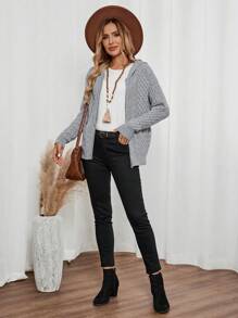 EMERY ROSE Damska jesienno-zimowa nowa dzianinowa kurtka sweterkowa z kapturem i zamkiem błyskawicznym - Szary - Zobacz 4