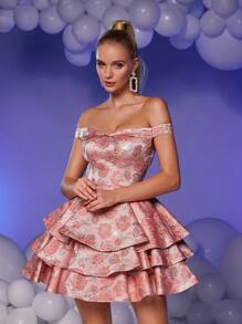 SHEIN Belle Romantic Elegant Jacquard Off-Shoulder Hem Ruffle-Splice Poofy Cocktail Party Dress, Semi Formal Prom Dress, For Birthday, Wedding Guest, Graduation Homecoming