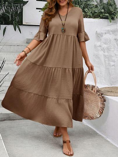 EMERY ROSE Plus Size Women's Deep V-Neck Ruffle Sleeve Multi-Tiered Hem Long Yellow Dress For Summer