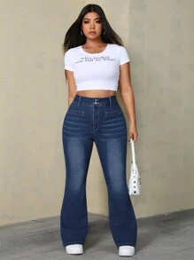 SHEIN ICON Plus Size Women's Button Front Casual Everyday Denim Flare Pants - Dark Wash - View 5