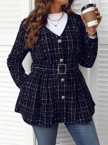 EMERY ROSE Cappotto invernale per donne taglie forti, con collo a V, maniche lunghe, elegante blazer aderente, stampa plaid, adatto per primavera e autunno - nero - Visualizzare 2