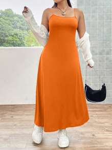 Flirla Plus Size Women's Solid Color Simple Casual Everyday All-Match Midi Dress - Orange - View 7