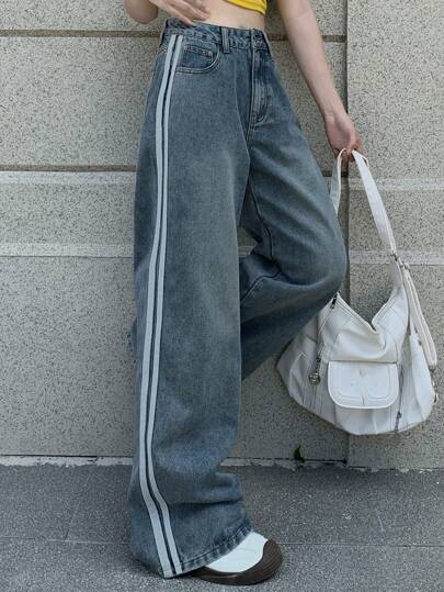 DAZY 女士条纹拼接前扣多口袋休闲裤秋冬女式牛仔裤