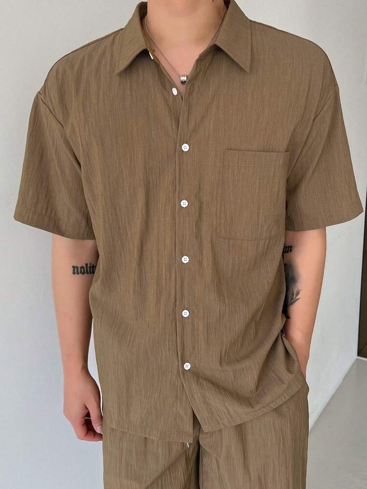 Men's Summer Solid Color Shirt & Shorts Set