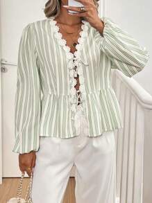 SHEIN LUNE 女式秋季 V 领花卉荷叶边蝴蝶结条纹长袖衬衫 - 彩色 - 查看 5