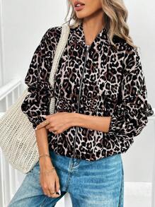 Chiquease Women's Regular Leopard Print Long Sleeve Baseball Jacket With Hem Drawstring - Multicolor - View 6