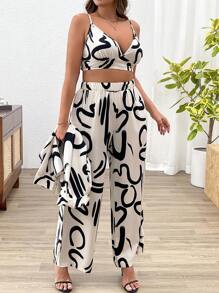 Calvaya Plus Size Geometric Print Camisole, Shirt & 3st Set - Svart och Vitt - Visa 6