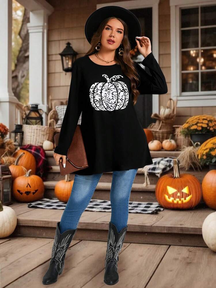 Plus Size Women's Halloween Long Sleeve Black Pumpkin Print T-Shirt Top, Fall Graphic Tee, Clothes