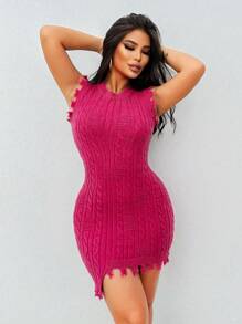 Zolique 女士连体针织连体性感开裆酒红色油条麻花圆领短款春秋女装 - 酒紅色 - 查看 3