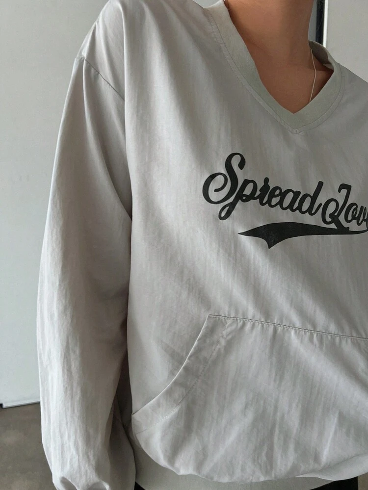 Relaxed Fit Letter Print Long Sleeve Pocket Sweatshirt For Women,Fall Clothes