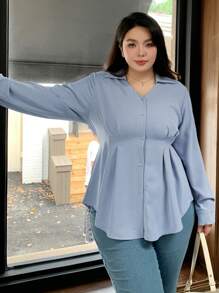 Dazy Plus Plus Size Plain Color Cinched Waist Shirt, Spring/Summer/Autumn