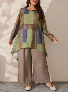 EMERY ROSE 2 件大码女式几何印花圆领长袖高低下摆上衣和阔腿裤宽松套装，秋冬